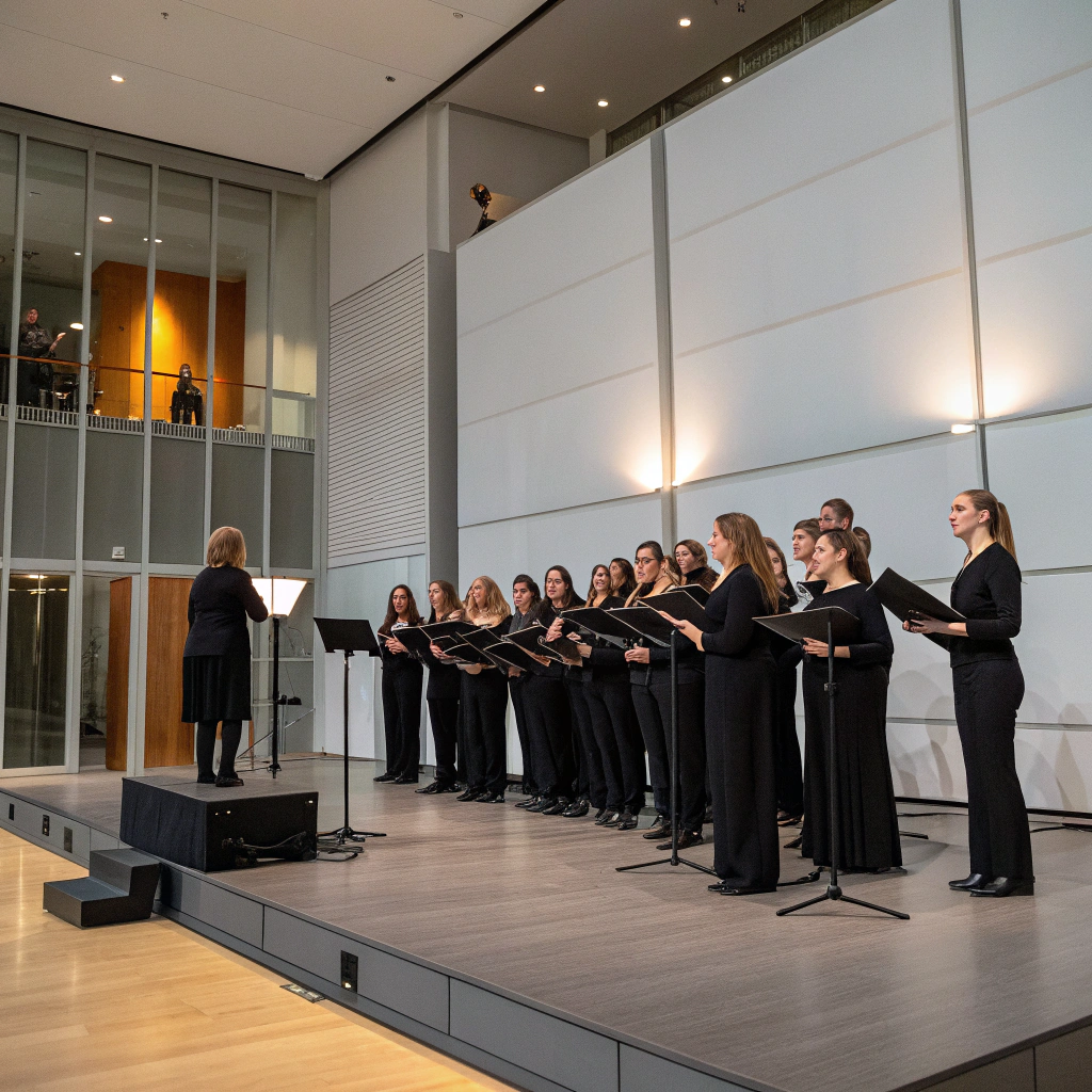Choir singing under a historic stone archway