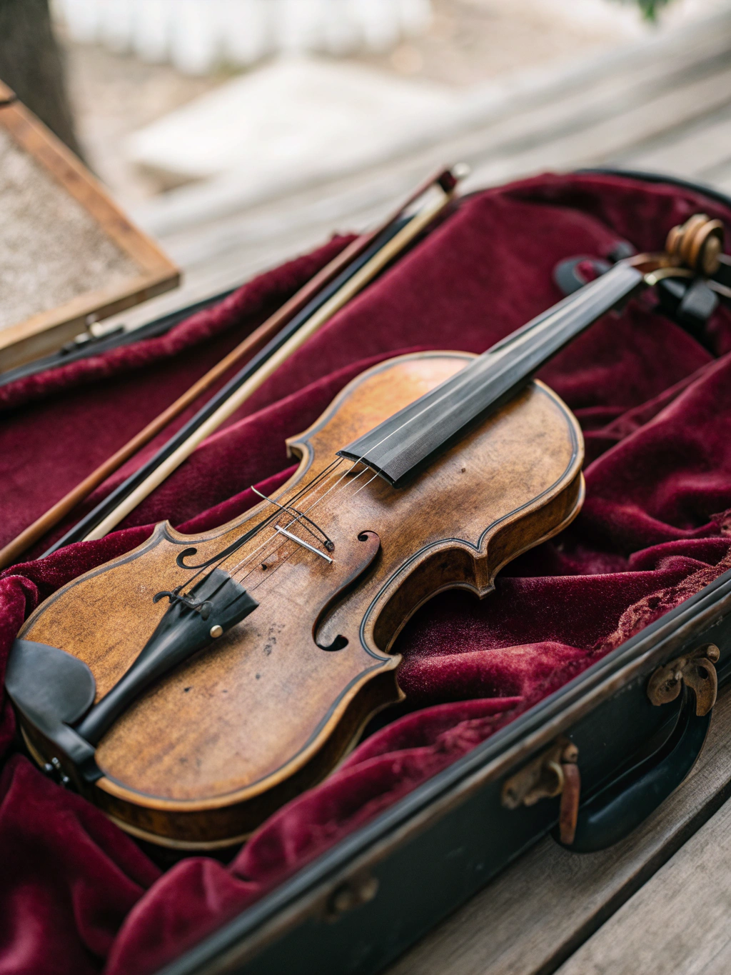 Violin strings in sharp focus